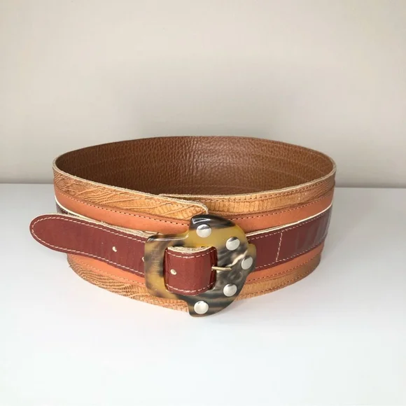 【cacharel】 BROWN LEATHER wide BELT Vintage Cacharel Brown Reptile Leather Tortoise Buckle Stud